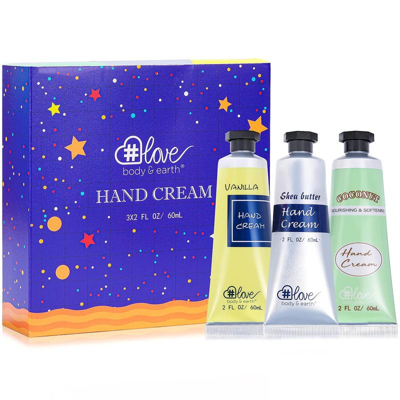 BODY & EARTH # LOVE Hand Cream Gift Set, Mothers Day Gifts for Mom, Mini Moisturizing Hand Lotion with Vitamin E for Dry Hands Cream Travel Size, Nurse Week Gifts, 3 x 2 OZ