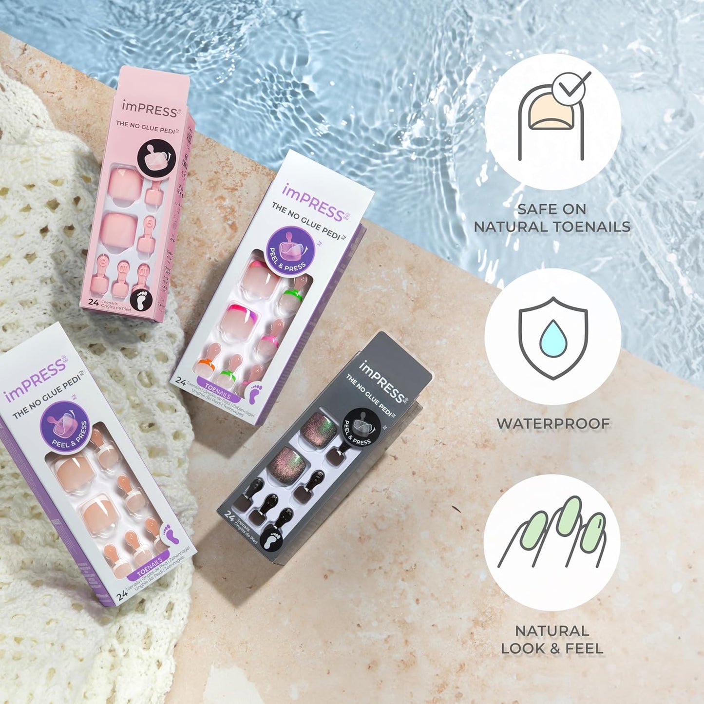 KISS imPRESS Pedicure Press On Toenails, 'Angel Vibes', White, Short Squoval, Pedicure Nail Kit Includes 24 Press On Toenails, Prep Pad, Mini Nail File, & Pedicure Stick