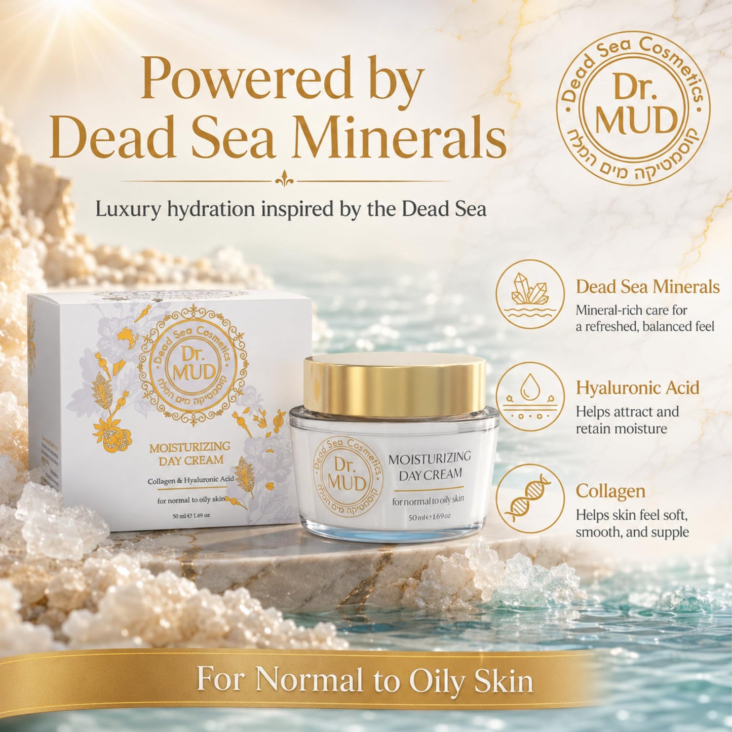 Dr.MUD Premium Moisturizing Day Cream for Normal to Oily Skin, Luxurious Dead Sea Mineral Face Moisturizer with Hyaluronic Acid, Collagen, Vitamin E, Green Tea and Aloe Vera, 50 ml