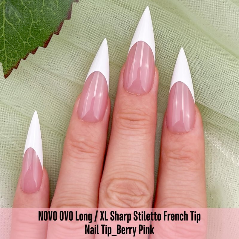 NOVO OVO White French Tip Long XL Sharp Stiletto Nail Tips Press on BERRY PINK, Soft Gel Double Matte Fake Nail Extension, Full Cover False Nails for Acrylic DIY x 16 Sizes 160 pcs