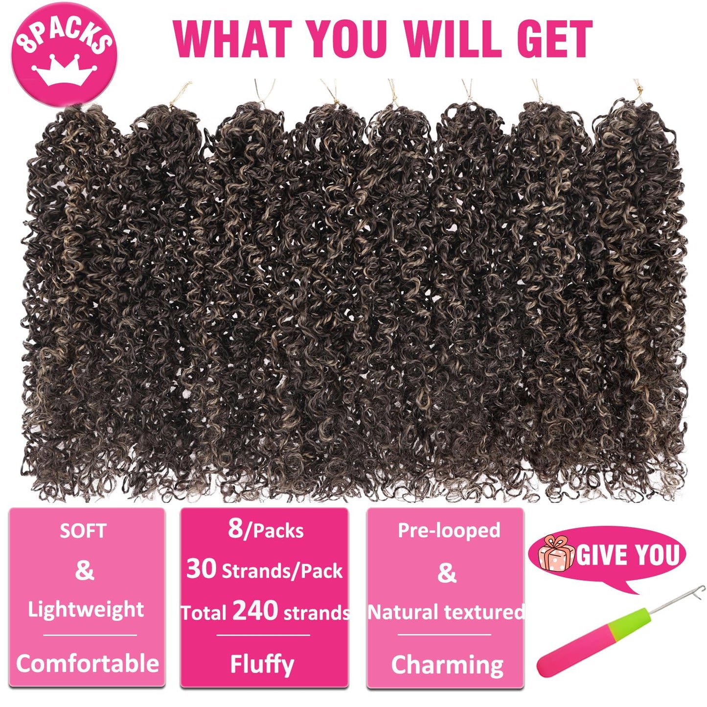 Unionbeauty 12 Inch Pre-twisted Yanky Twist Crochet Hair 8 Packs Pre-Looped Passion Twist Crochet Braids Hair with Curly Mix Brown and Blonde Micro Spring Twist Synthetic Crochet Hair Extensions 4/27#
