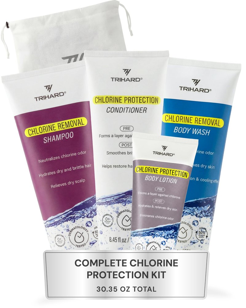 TRIHARD Chlorine Defense Gift Set for Hair & Skin Swim Protection | Pre & Post Swim Shampoo, Conditioner, Body Wash, & Lotion | Summer Essentials to Cleanse & Hydrate Sensitive Skin After Pool & Ocean