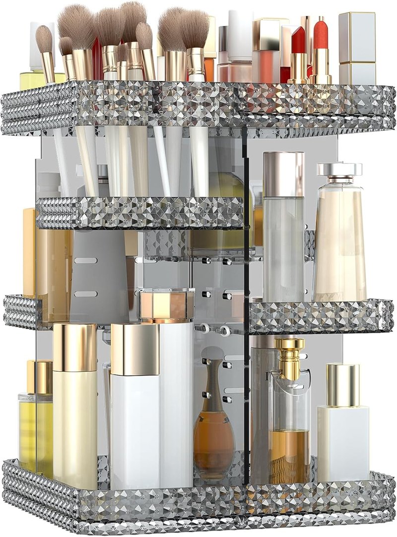 Large Capacity Rotating Makeup Organizer - Acrylic Cosmetic Display Case with Brush Holder | Grey