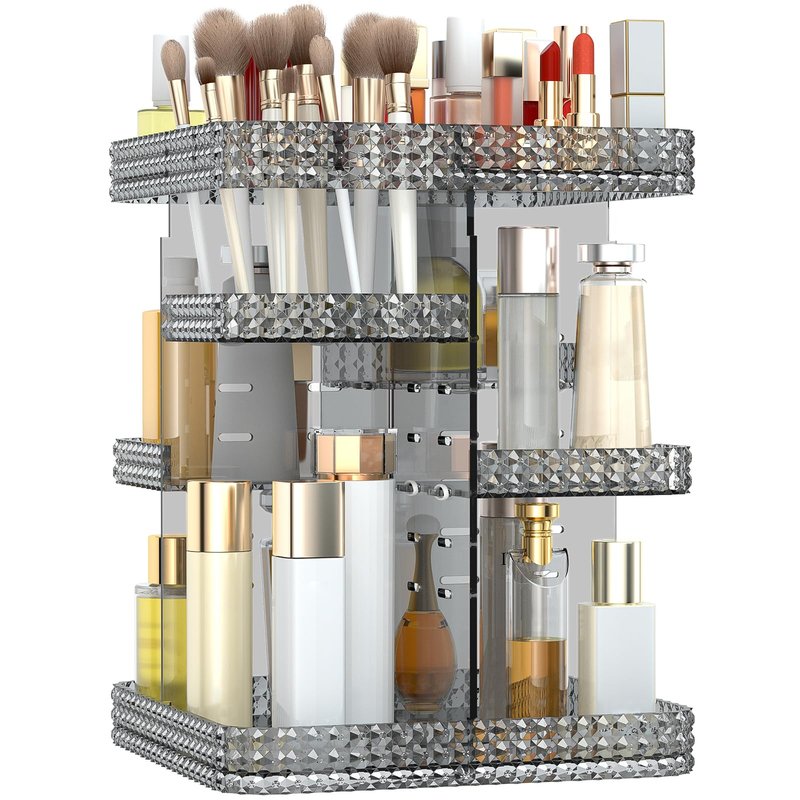 BOCONY Rotating Makeup Organizer, Large Capacity Cosmetic Display Case, Acrylic Skincare Organizer with Brush Holder, Makeup Storage Organizer for Dresser Countertop and Bathroom Vanity - Black