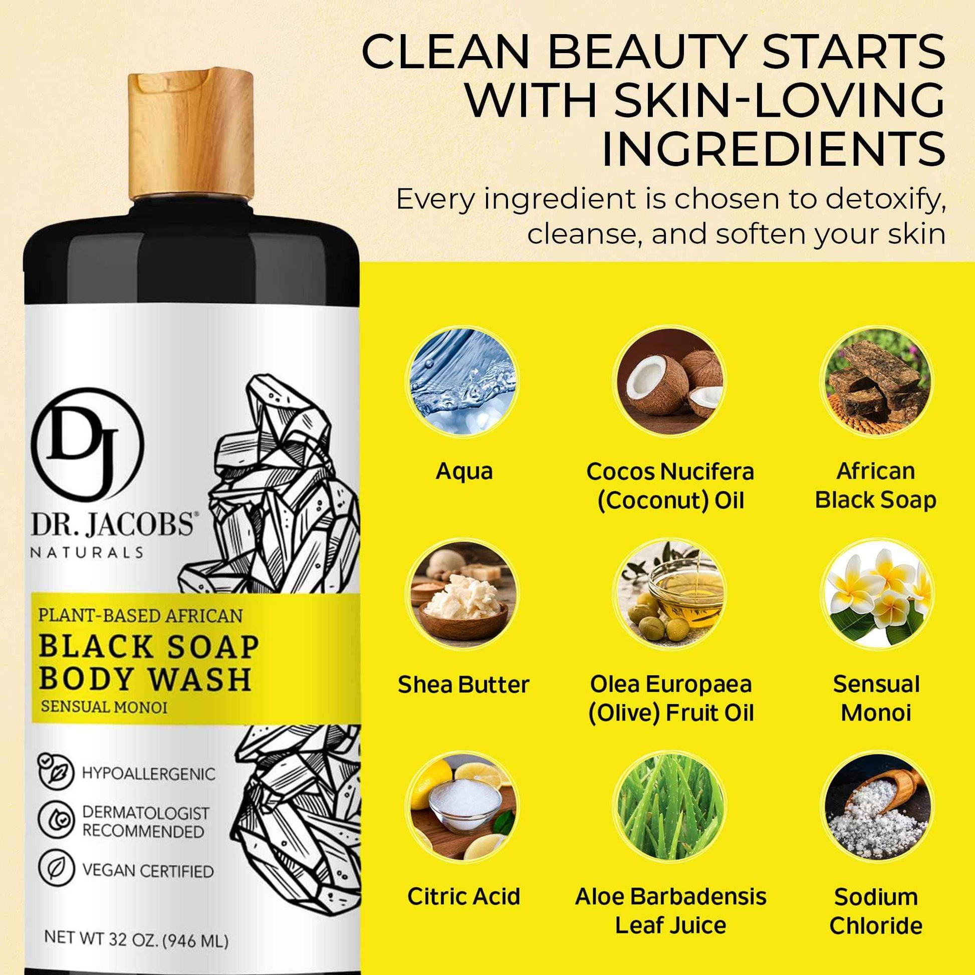 Dr Jacobs Naturals Authentic African Black Liquid Soap with Sensual Monoi Scent | All-In-One Face Wash, Sensitive Skin Body Wash, Shampoo, Shaving Soap | Moisturizing and Nourishing Formula | 16oz 2pk