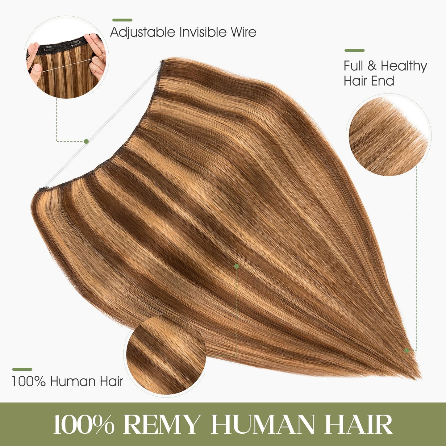 Charites Halo Hair Extensions Real Human Hair Invisible Wire Extensions with Transparent Fish Line Adjustable Size Medium Brown & Dark Blonde 12 inch