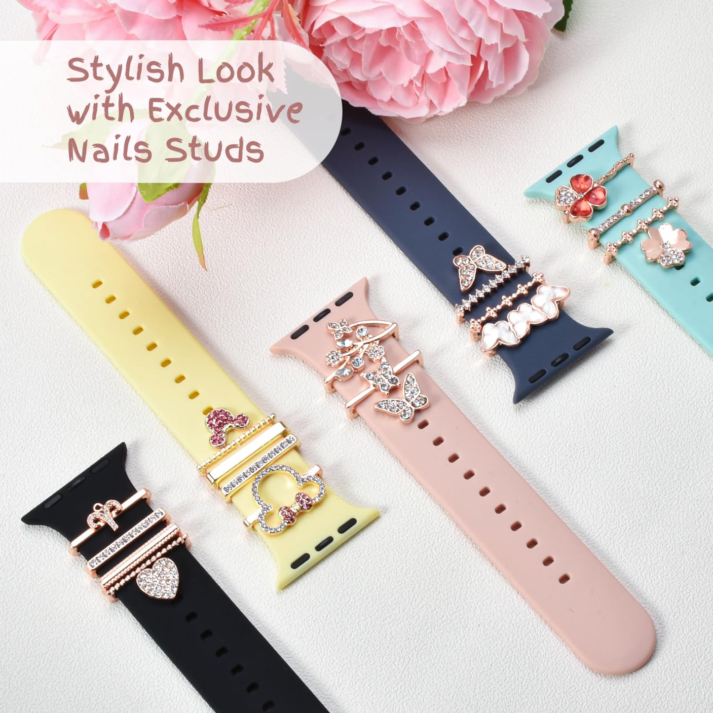 Shesyuki Watch Band Charms Set - Decorative Rings and Clasps with Shining Stones, Compatible with iWatch Series 1 to 8, Fits 38mm/40mm/41mm/42mm/44mm/45mm Models (No Watch Band)