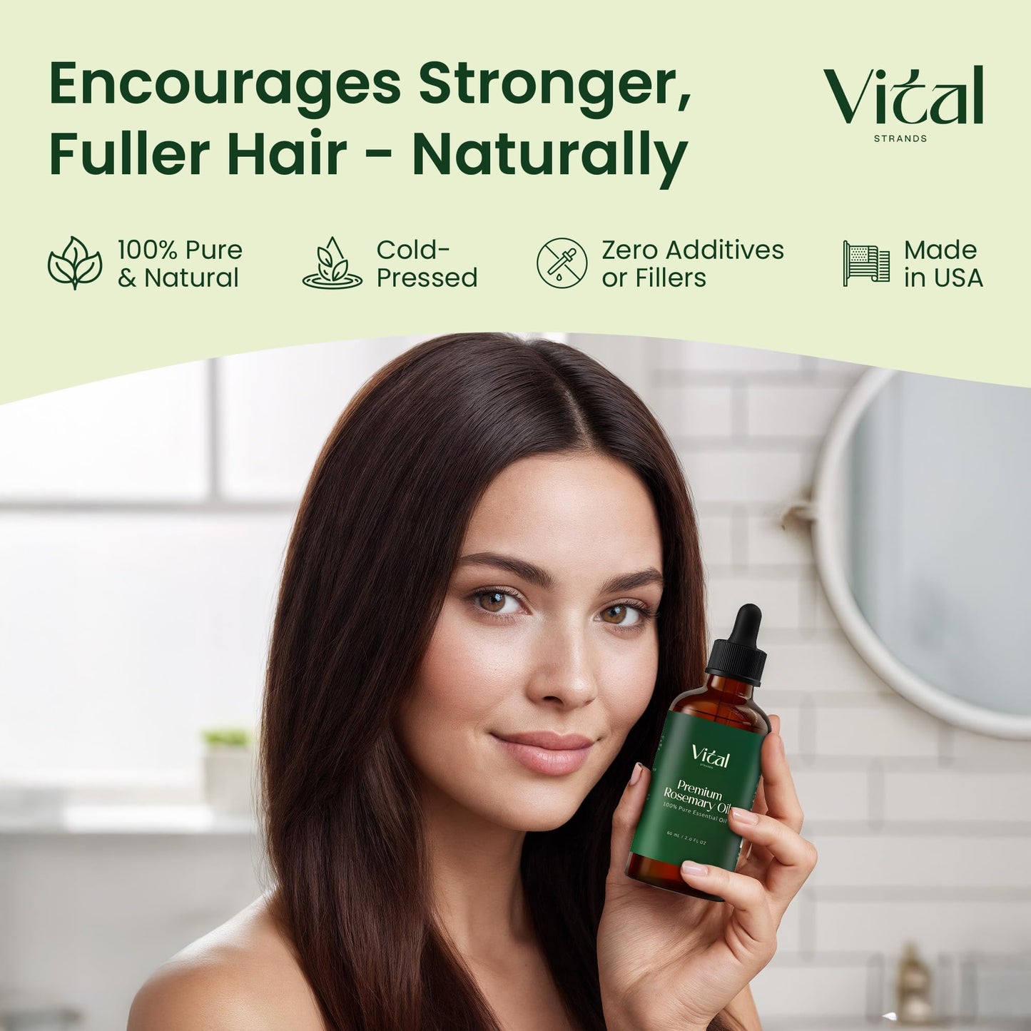 Vital Strands 100% Pure Rosemary Oil for Hair Growth & Thicker Hair – Cold Pressed Natural Essential Oil for Women & Men, Nourishes Scalp, Strengthens Roots, Promotes Regrowth & Reduces Thinning