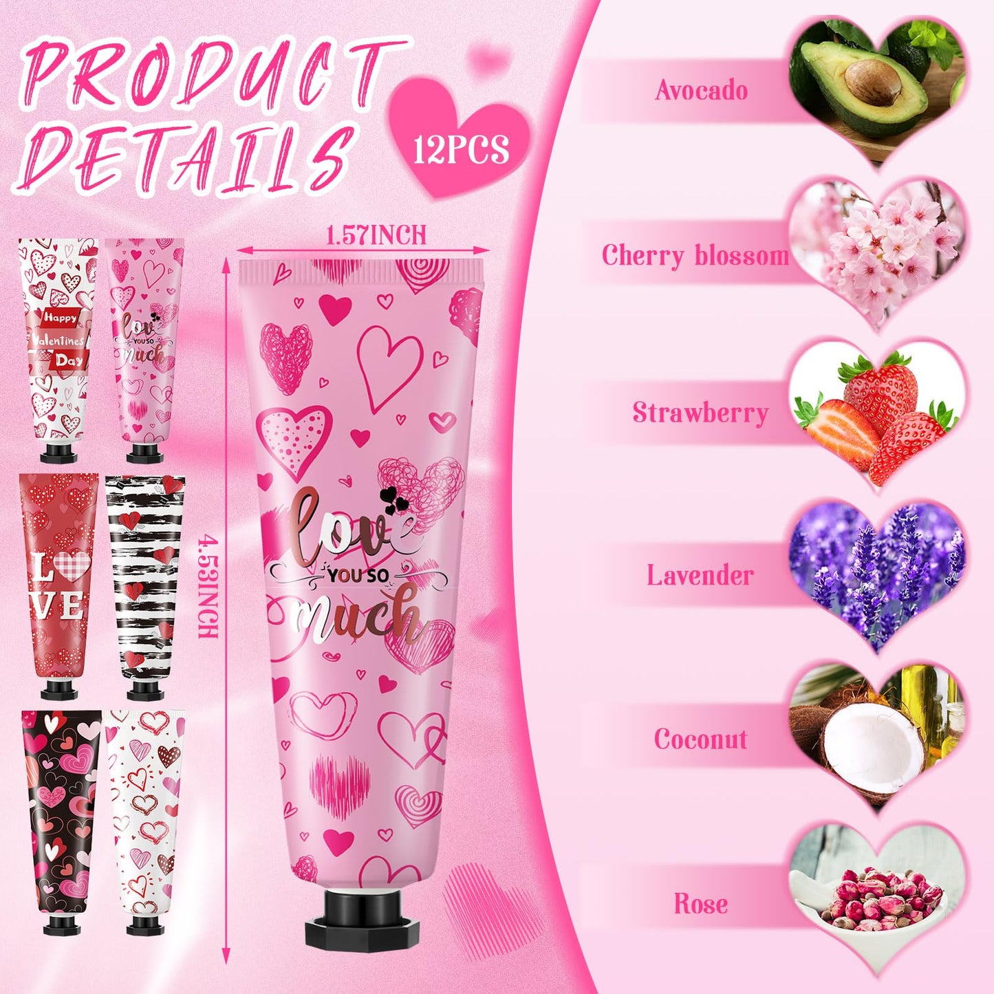 12 Pcs Valentine's Day Hand Cream Gift Bulk Valentine Gift Basket Stuffers Love Heart Moisturizing Galentine's Hand Lotion Bulk Small Dry Cracked Care Cream for Women Friends Seniors Clients, 30 ml