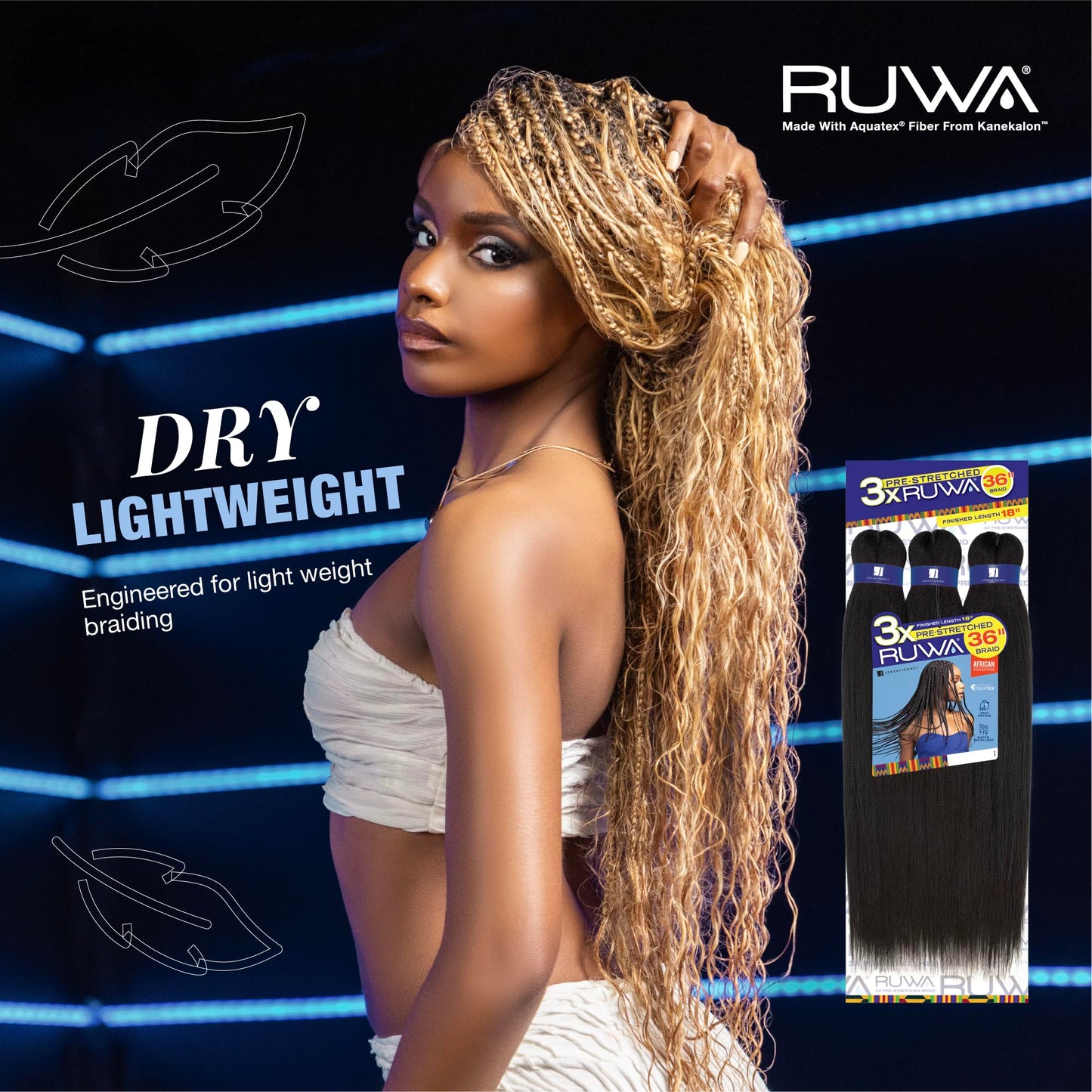Sensationnel Ruwa prestretched braiding hair - 3x 36 inch water repellent kanekalon fast dry synthetic sports itch free (5 pack, 1B OFFBLACK)