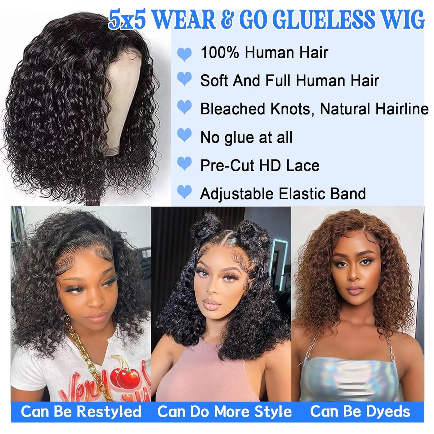Glueless Human Hair Bob Wig - Pre Plucked Deep Wave Lace Closure | 8-Inch Curly Wig for Black Women