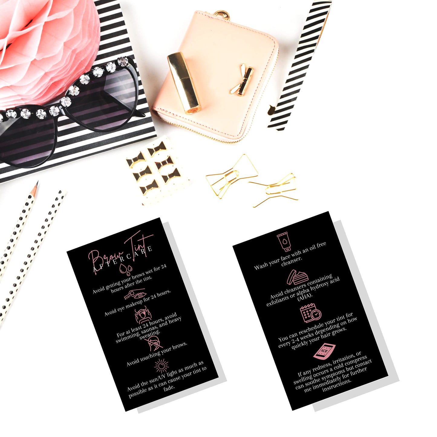 Boutique Marketing LLC Brow Tint Aftercare Card | 50 Pack | 2x3.5” inch Business Cards | Matte Black with Rosey Pink Design