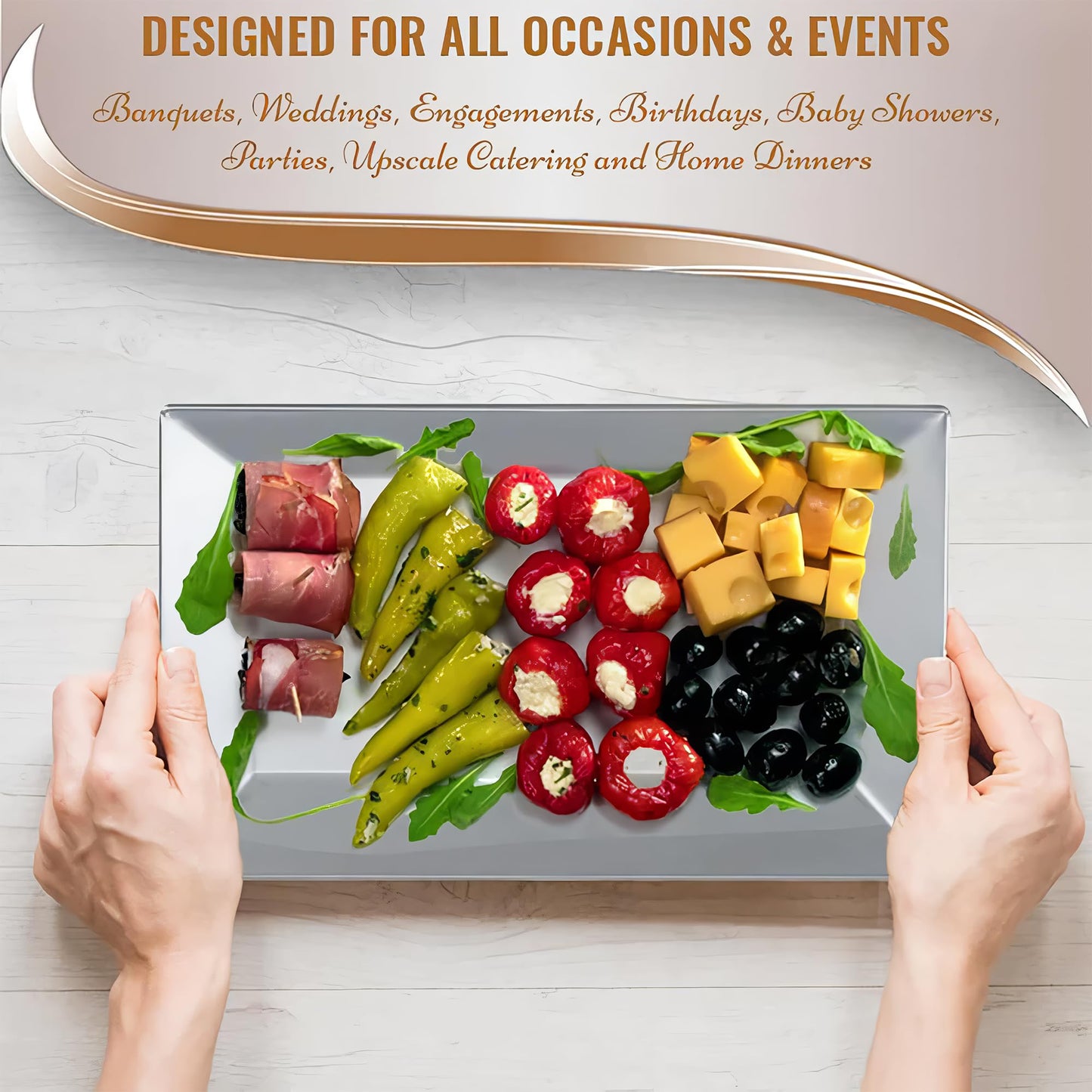 Kaya Elegant Rectangular Silver Plastic Dessert Plates (5.5" x 8.5") - Pack of 10 - Perfect for Weddings, Birthdays & Home Use