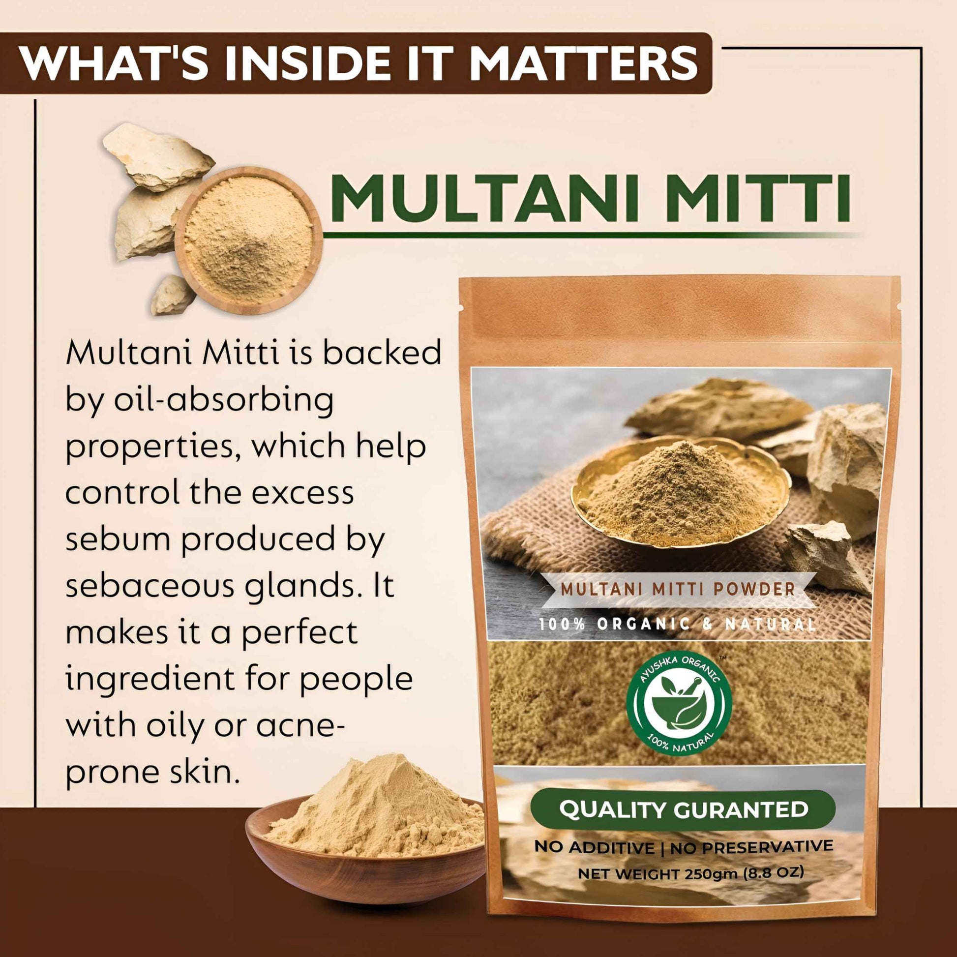 AYUSHKA ORGANIC Multani Mitti Powder | Fuller's Earth | Natural Skincare | Oil-Absorbing Beauty Treatment (8.8 OZ | 250 gm)