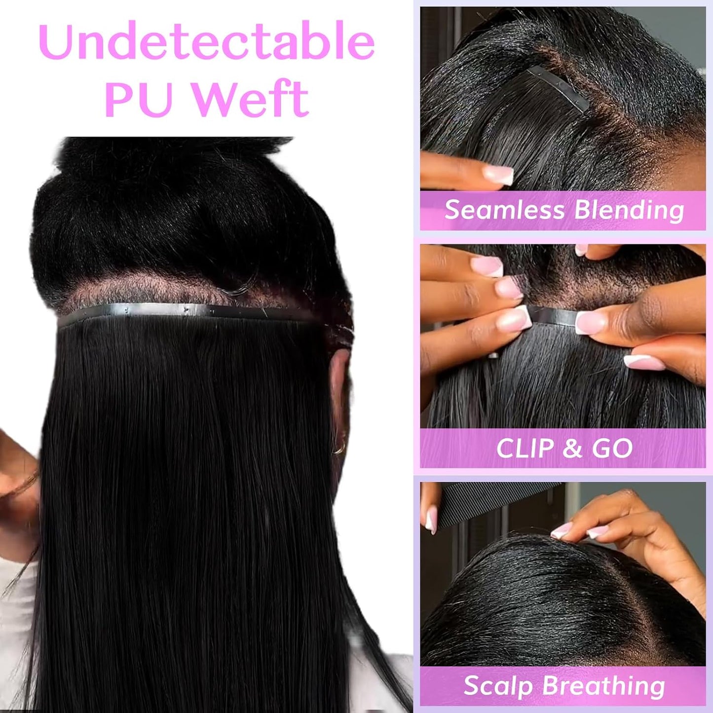 Seamless Clip-In Hair Extensions - Jet Black Real Remy Human Hair | Thick & Soft 12 Inch PU Weft for Black Women