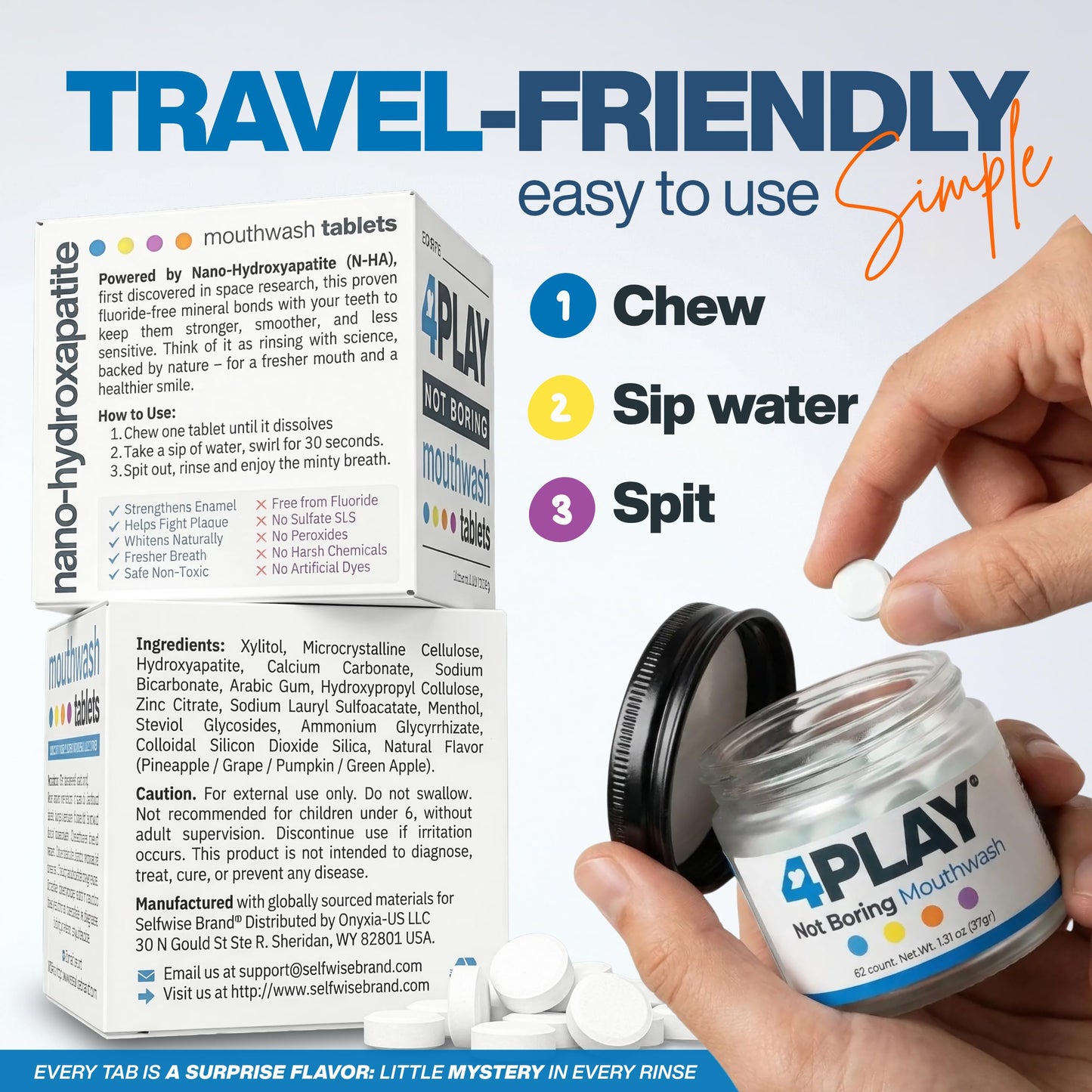 Travel Size Mouthwash Tablets with Nano-Hydroxyapatite, Alcohol & Fluoride Free Natural Oral Care, Whitening Mouth Wash Tabs for Dry Mouth & Bad Breath. 4 Flavors in One Jar
