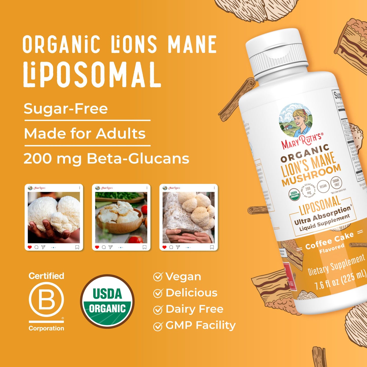 Organic Lions Mane Supplement by MaryRuth's | Ultra Absorption Liposomal | Full Spectrum Lion's Mane Mushroom | 200mg Beta-Glucans Per Serving | USDA Organic | Vegan | 7.6 oz | 15 Servings