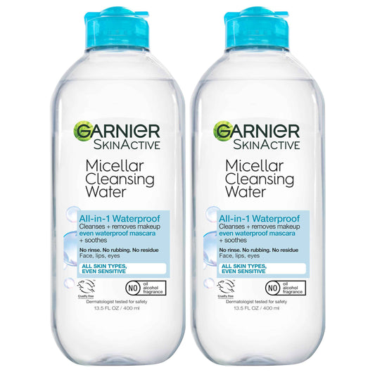 Garnier Micellar Water for Waterproof Makeup, Hydrating Facial Cleanser & Makeup Remover, Suitable for Sensitive Skin, Vegan, Cruelty Free, 13.5 Fl Oz (400mL), 2 Count
