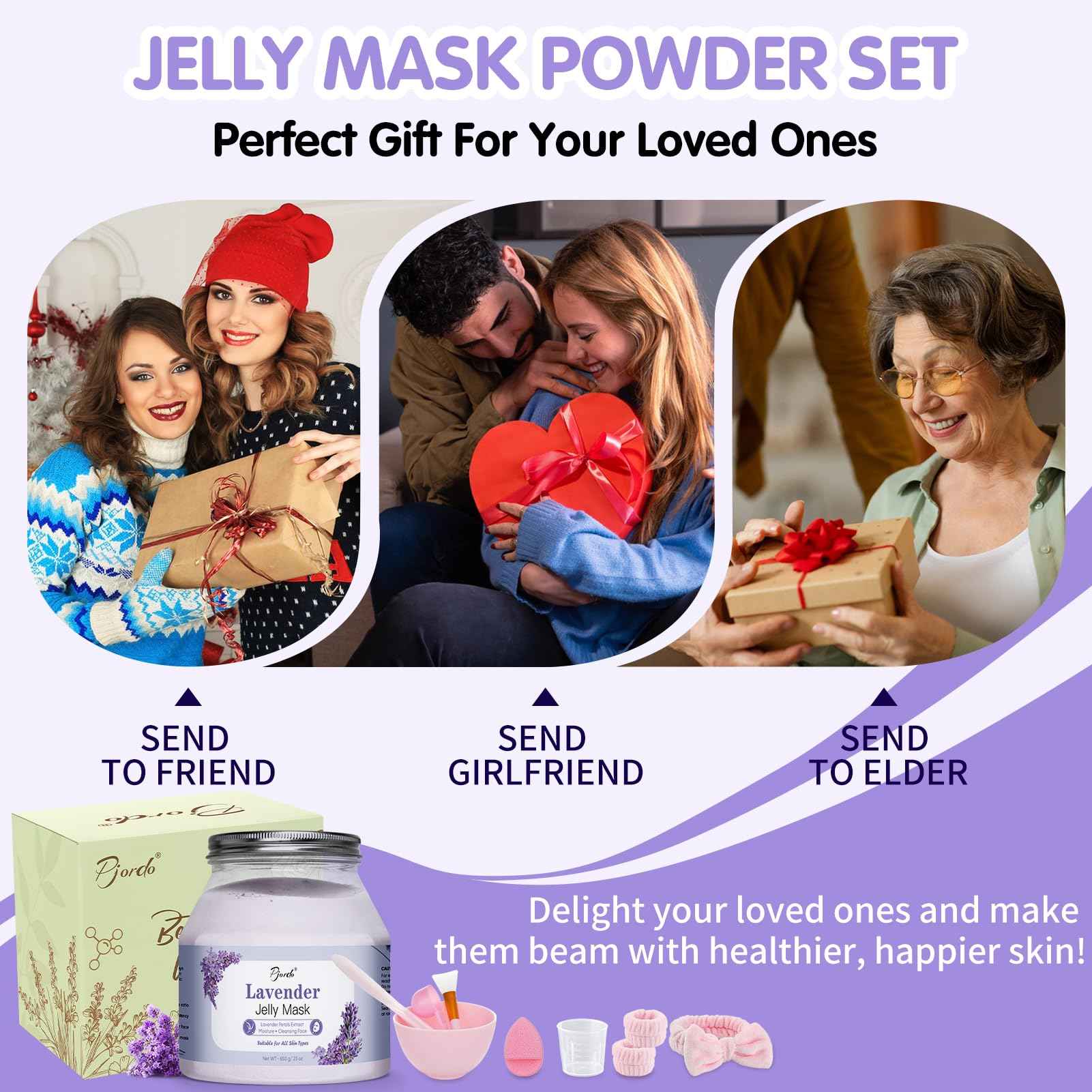 Pjordo Jelly Masks for Facials Professional, Lavender Jelly Mask Powder with Mixing Bowl Set, Peel Off Hydrojelly Mask for Moisturizing, Hydrating & Nourishing, Spa Use for All Skin