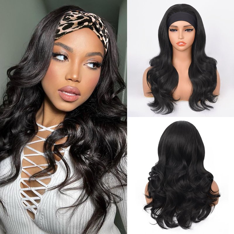 Looxey Body Wave Synthetic Headband Wigs for Black Women, Yaki 4C Half Wig Wear and Go Glueless Wig 180% Density Wavy Layered Wig Beginner Friendly for Daily Wear (Black, 20 Inch)