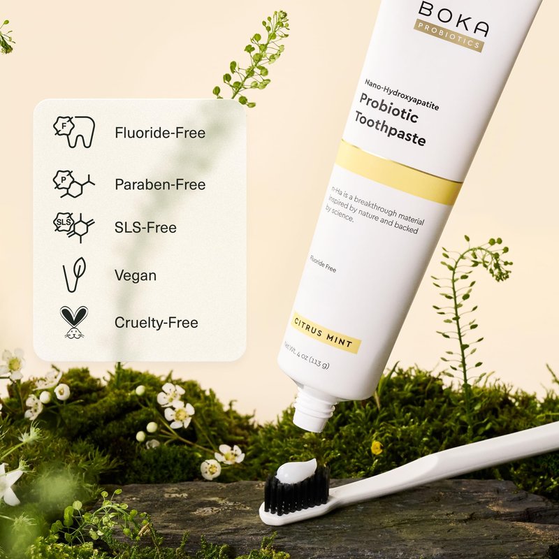 Boka Probiotic Toothpaste - Fluoride Free, Nano Hydroxyapatite Toothpaste - Made with Probiotics - Peppermint Blossom, 4 Fl Oz, 1Pk