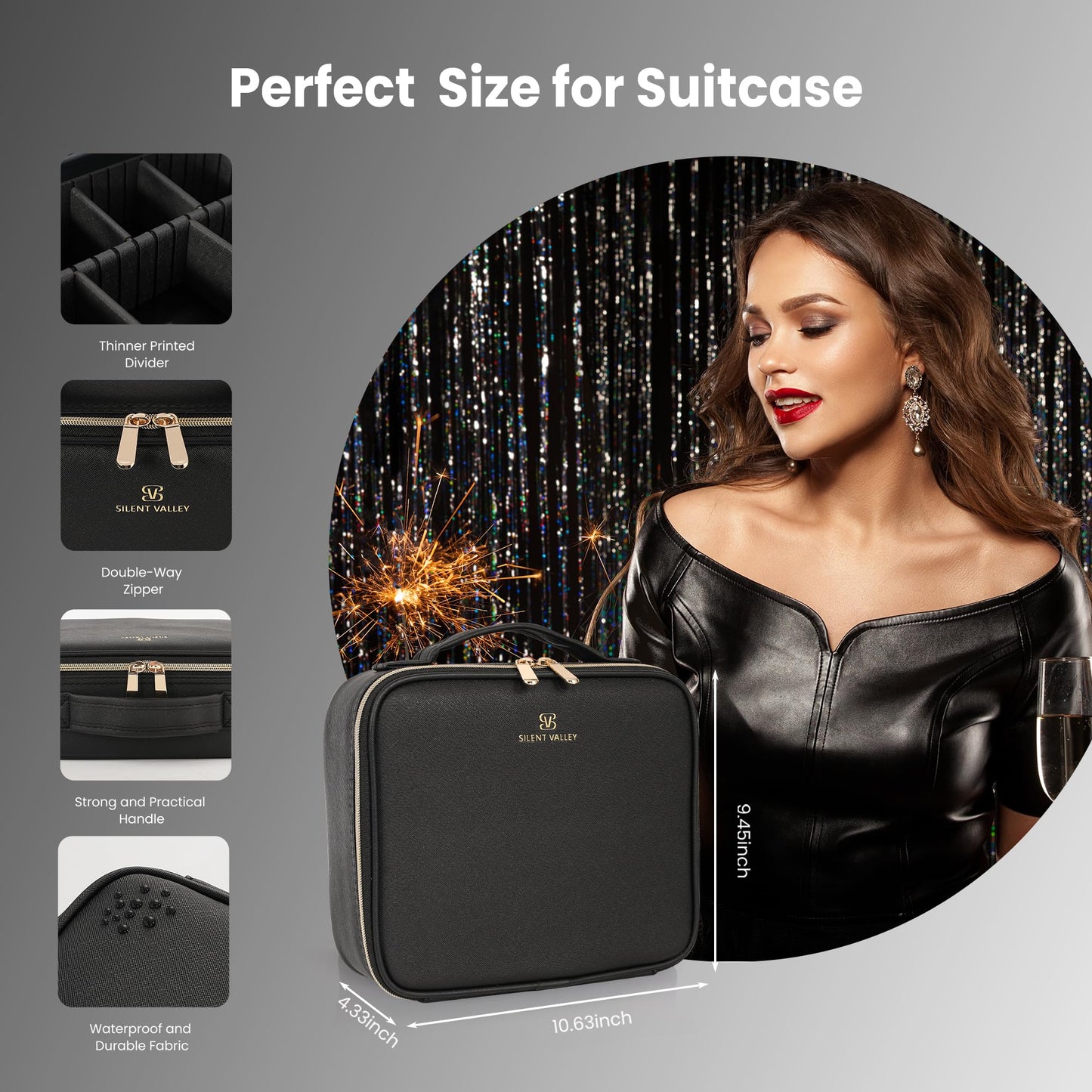 NHOPEJRJY Makeup Bag with Light up Detachable Mirror 3 Color Scenarios Adjustable Brightness Large Cosmetic Organizer Storage Adjustable Dividers Waterproof Makeup Brushes Toiletry Gift Black