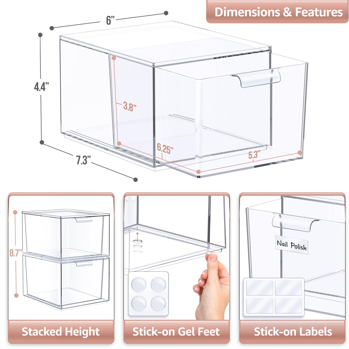Sorbus 3 Pack Makeup Organizer - Clear Stackable Acrylic Drawer Organizer for Vanity, Bathroom, Undersink, Cabinets, Jewelry, Stationary, Plastic Storage Bins for Office Organization and Storage