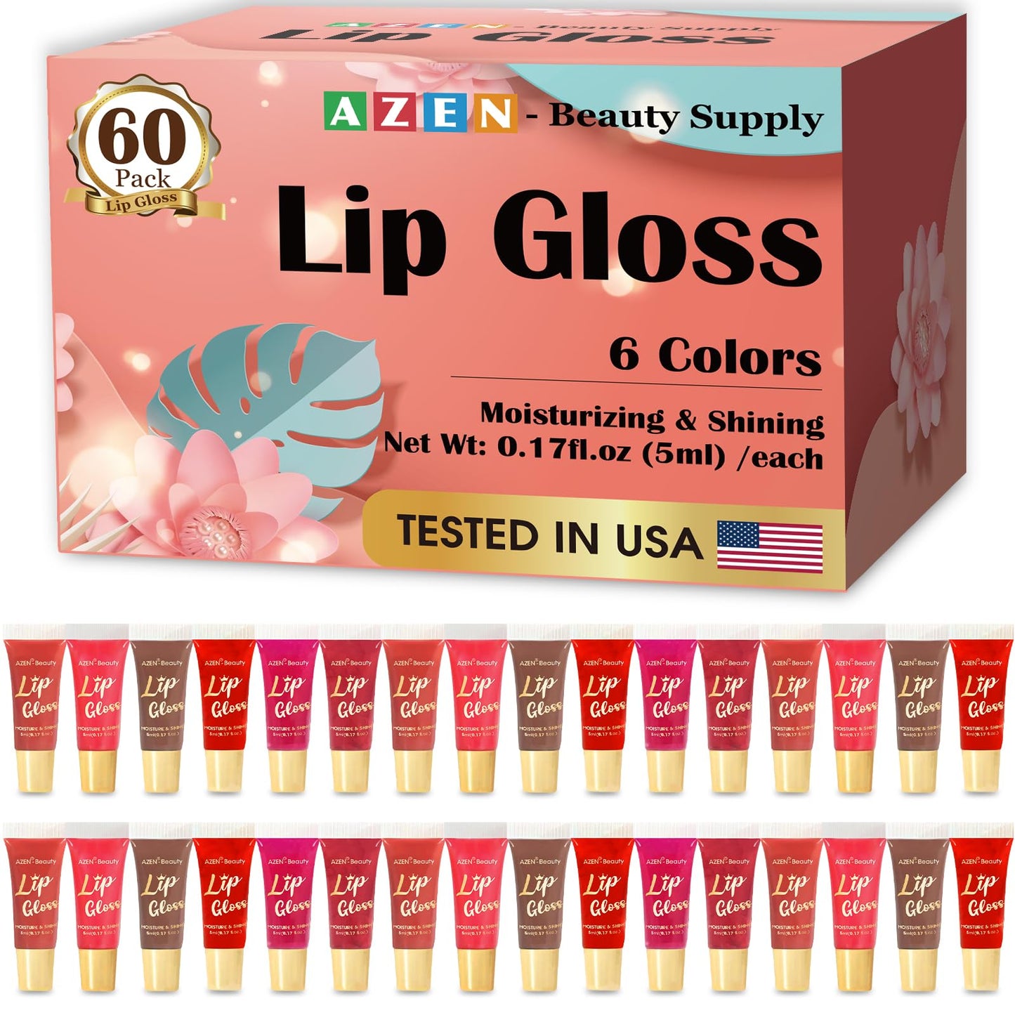 AZEN 60 Pack Lip Gloss Set, Color Lip Oil for Dry Cracked Lips Moisturizing Hydrating Nourishing with Vitamin E, Mothers Day Gifts for Women