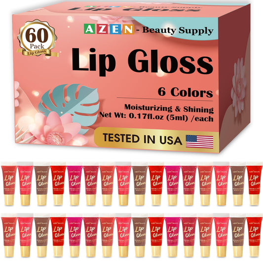AZEN 60 Pack Lip Gloss Set, Color Lip Oil for Dry Cracked Lips Moisturizing Hydrating Nourishing with Vitamin E, Mothers Day Gifts for Women
