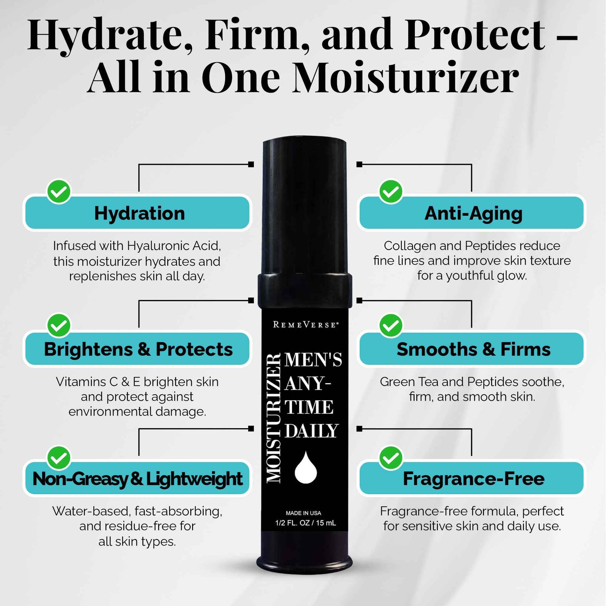 RemeVerse Men’s Anytime Daily Moisturizer with Hyaluronic Acid, Peptides, Vitamins C & E, Collagen, Green Tea - Smoothes & Hydrates Skin, Fragrance-Free, Water-Based, Youthful Care Formula - 15ml