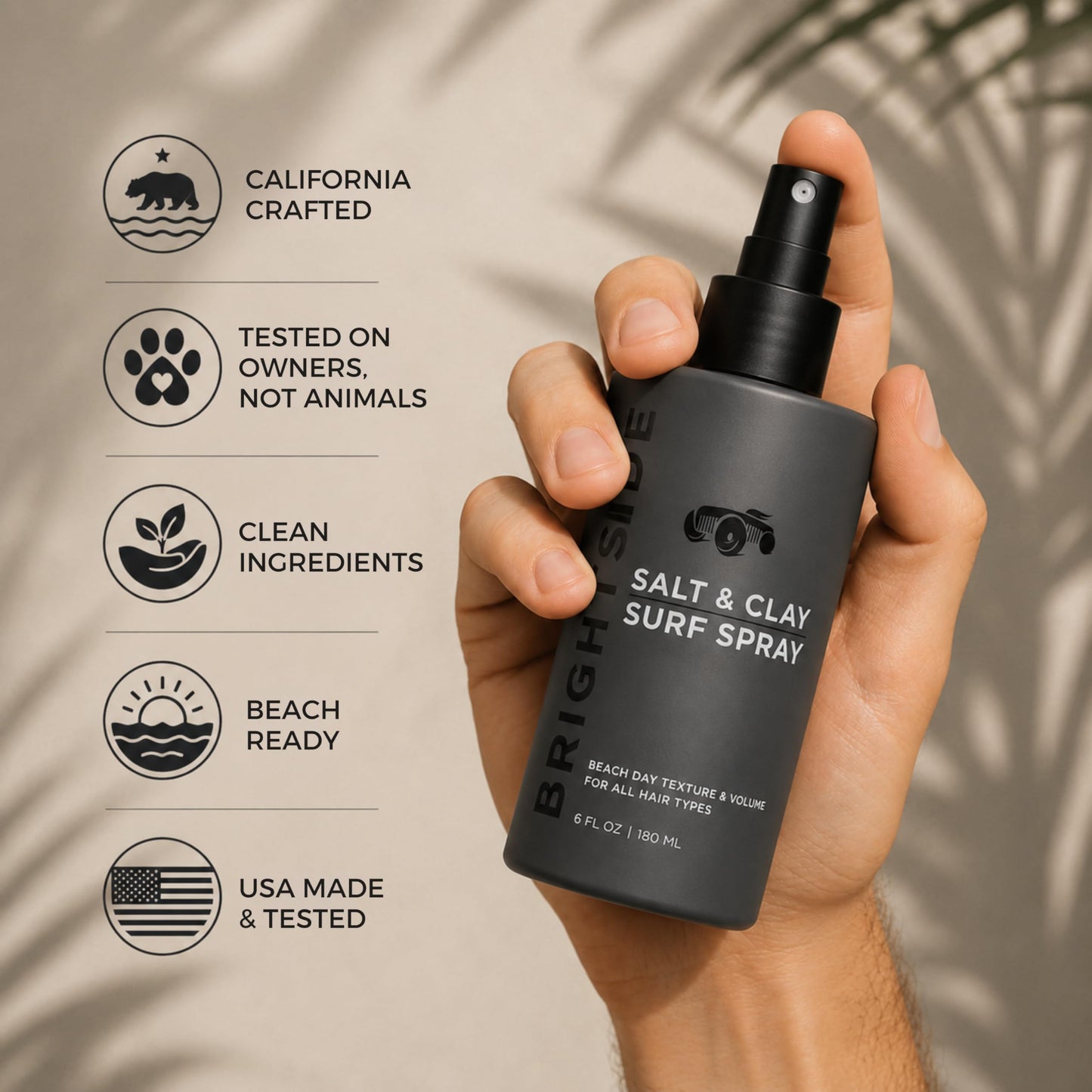 BRIGHTSIDE Salt & Clay Surf Spray - Instant Volume & Texture for Thicker Looking Hair - Natural Sea Salt Spray for Men & Women - Hydrate & Hold for All Hair - Alcohol-Free, Clean ingredients - 6oz