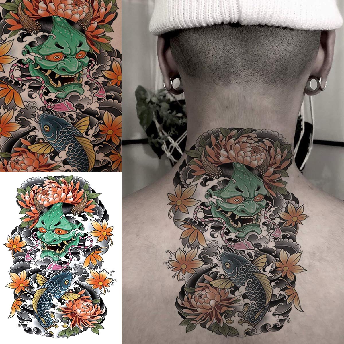 Oottati 6 Sheets Arm Fake Waterproof Temporary Tattoos Stickers Colorful Japanese Prajna Tiger Panda Lotus Koi Carp Samurai