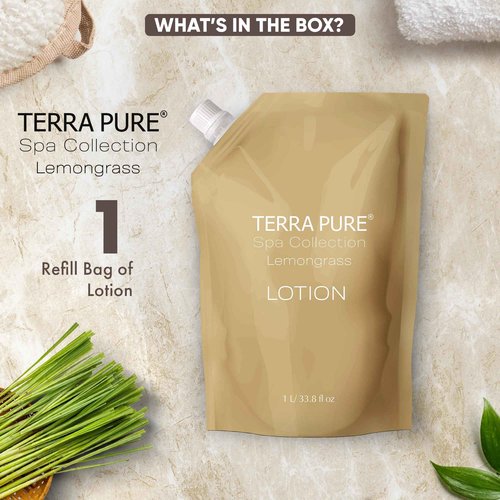 Terra Pure Spa Collection 1 Liter Lotion Refill Bag For Soap Dispensers | Bulk Toiletries for Vacation Rentals, and Home Bathroom Showers | Green Tea Lemongrass | Single