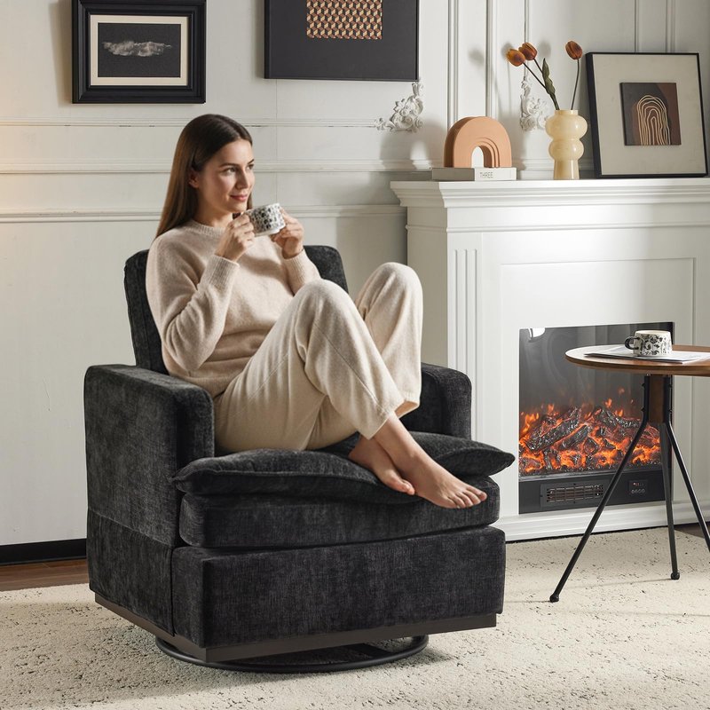 VINGLI 360° Swivel Accent Chair with Double-Layer Seat Cushions, Comfy Single Square Sofa Armchair, Upholstered Club Chair for Living Room,Bedroom, Reading Room, Chenille Black