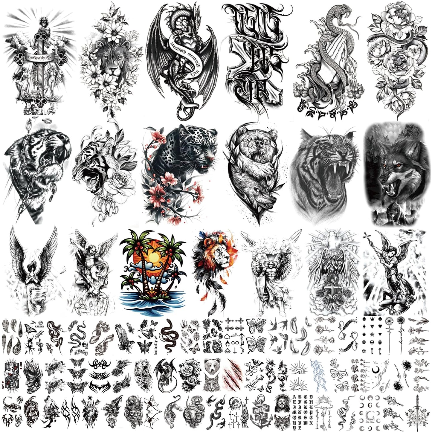 105 Sheets Large Temporary Tattoos For Women Men Adult, Dragon Tiger Wolf Tribal Christian Floral Realistic Fake Tattoo Stickers for Arm Leg Hand, Waterproof & Non-Reflective