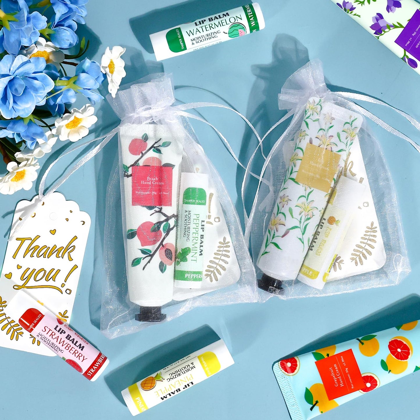 AZEN 50 Sets Bulk Gifts, Hand Cream and Lip Balm Bulk Set with Organza Bag Thank You Card, Baby Shower Wedding Gift for Guests, Bridal Wedding Favors for Guests, Mothers Day Gifts Stocking Stuffers