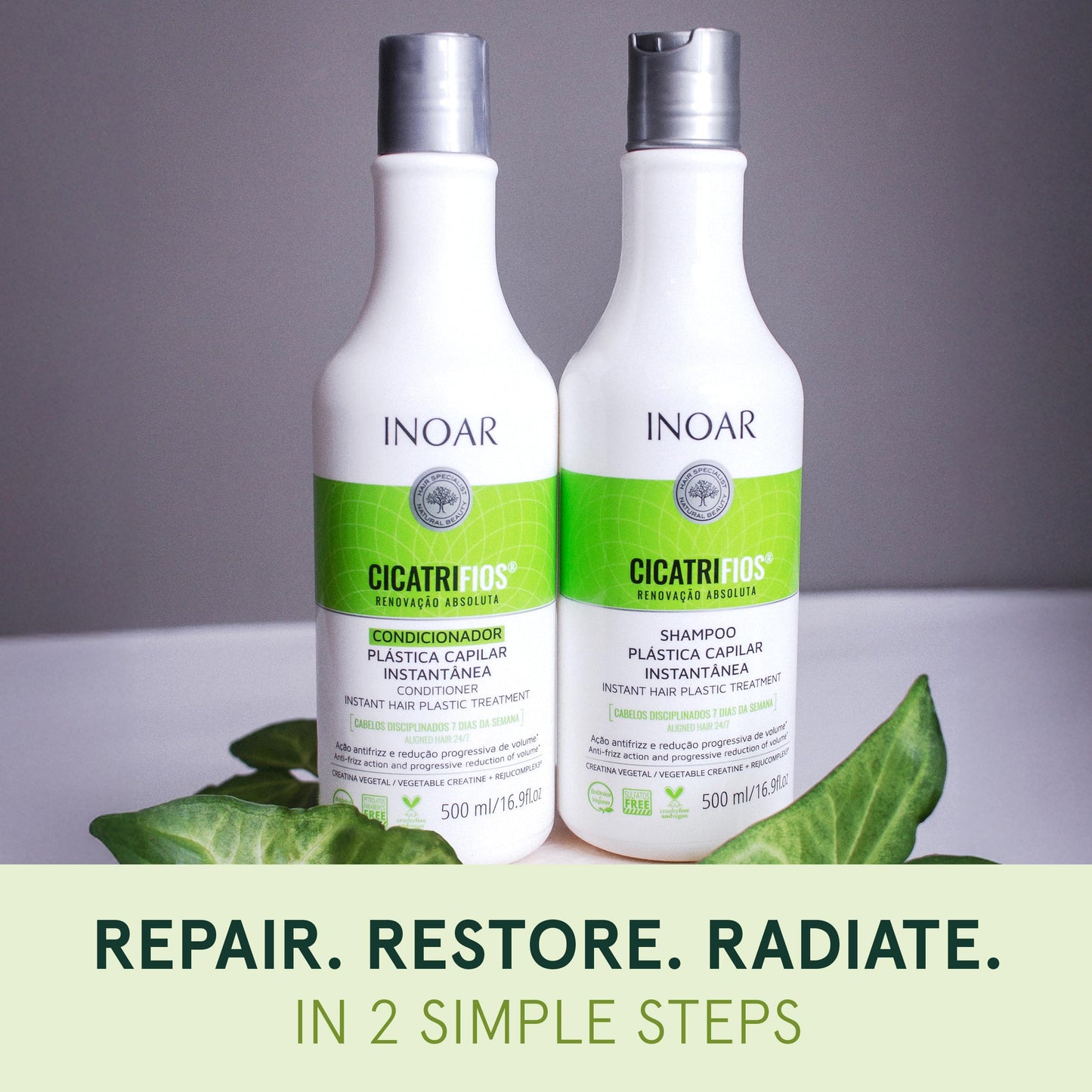 Inoar Cicatrifios Shampoo & Conditioner Renewal Haircare Duo with RejuComplex3 & Argan Oil, 2 x 16.9 Fl Oz Each