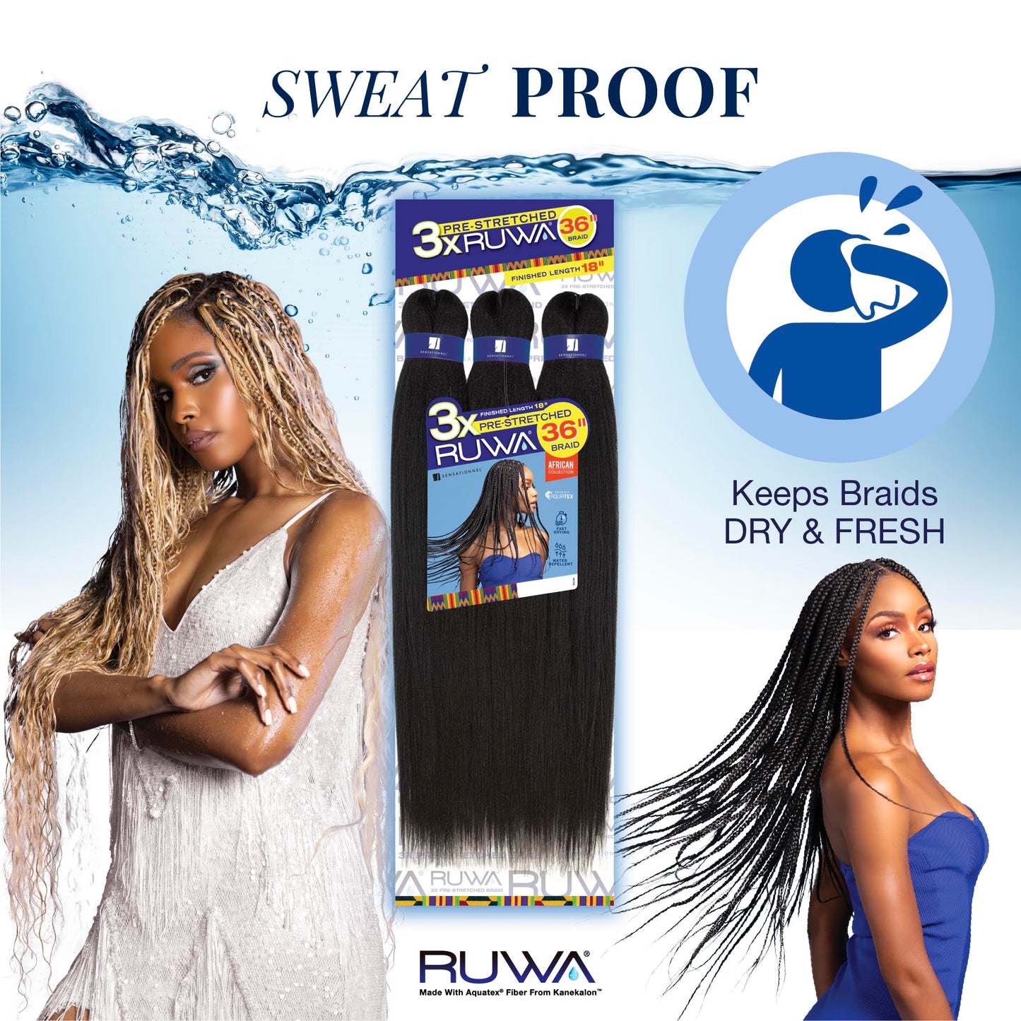 Sensationnel Ruwa prestretched braiding hair - 3x 36 inch water repellent kanekalon fast dry synthetic sports itch free (5 pack, 1B OFFBLACK)