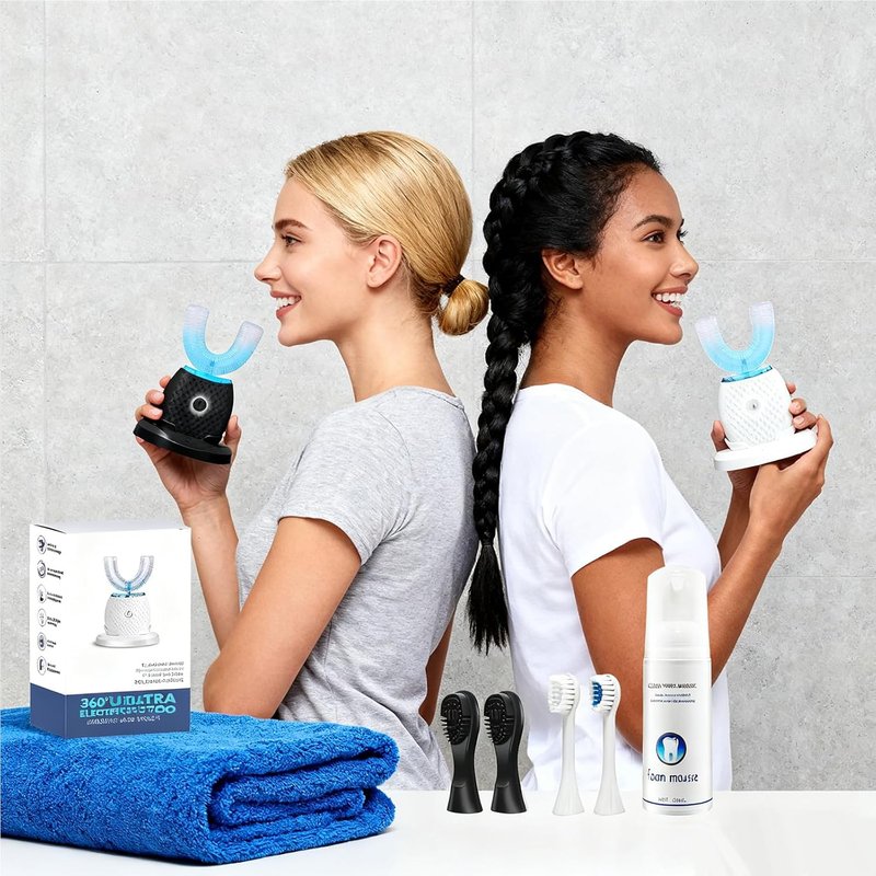 U-Shaped Toothbrush for Adults - Ultrasonic Foam Cleaning, Hands-Free Design, 4 Brush Heads | Black with Blue LED Light