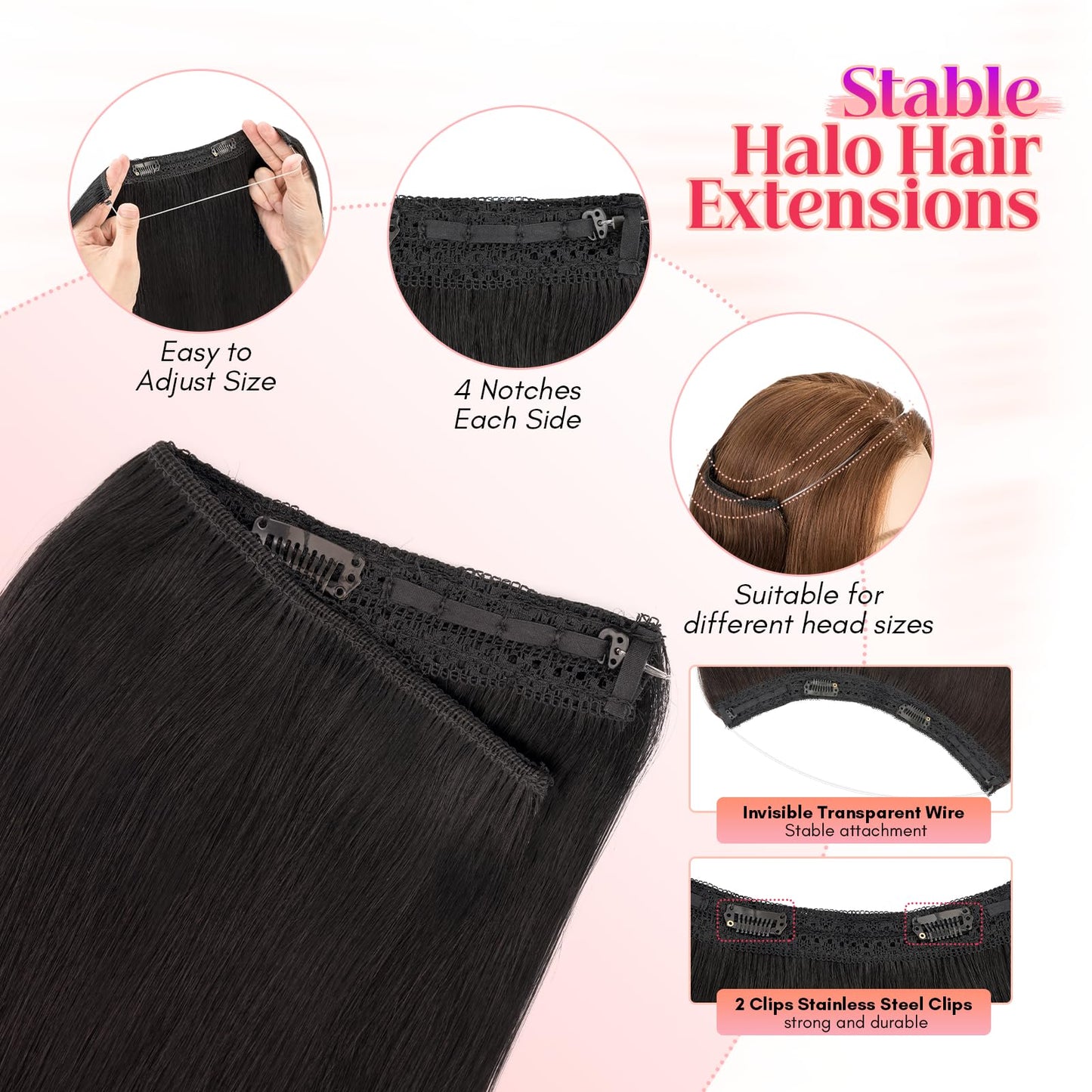 Rich Choices 100% Real Human Halo Hair Extensions for Women Remy Halo Extension Invisible Wire Hairpiece Clip in One Piece Hairpiece Upgrade Adds Weight 65g 12 Inch #01 Jet Black