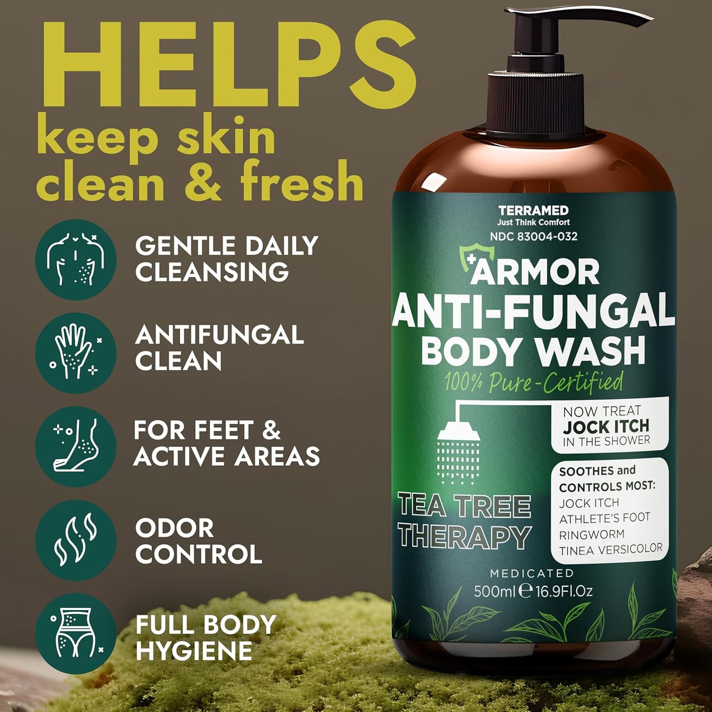 Antifungal Body Wash with Tea Tree Oil - Treat Back Acne, Ringworm & Eczema | Includes Silicone Scrubber (16.9 oz)