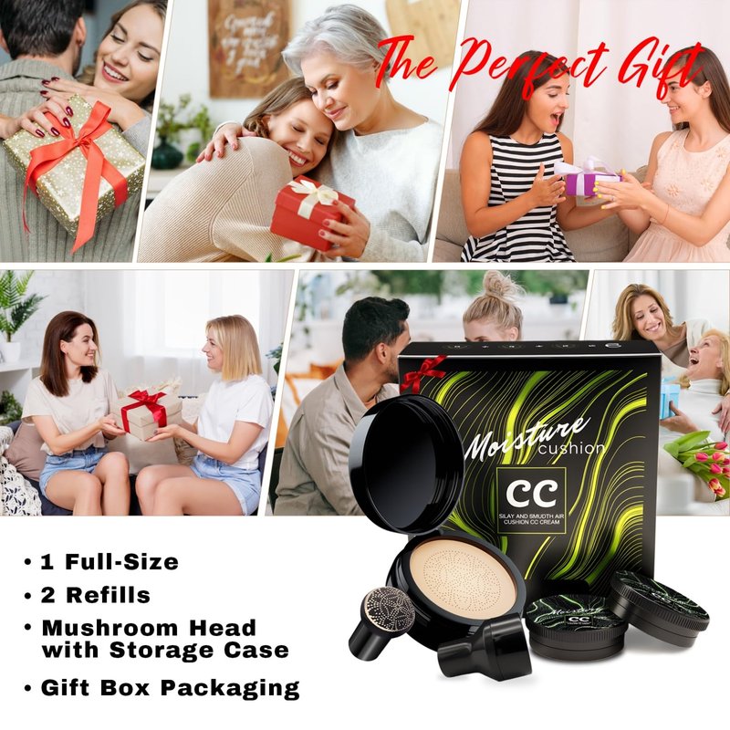 Mushroom Head Air Cushion CC Cream Gift Set, 1 Full-Size Makeup Foundation with 2 Refills & 1 Special Mushroom Head Puff, Self Adjusting Concealer (Natural)