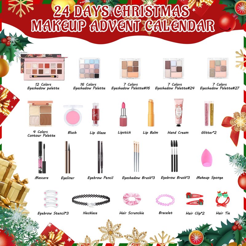 Erinde Makeup Advent Calendar 2025, 24 Days Christmas Gift Makeup Set for Teen Girls & Women, 2025 Xmas Holiday Countdown Calendar Beauty & Cosmetics Holiday Surprise Make Up Gift Kits for Women