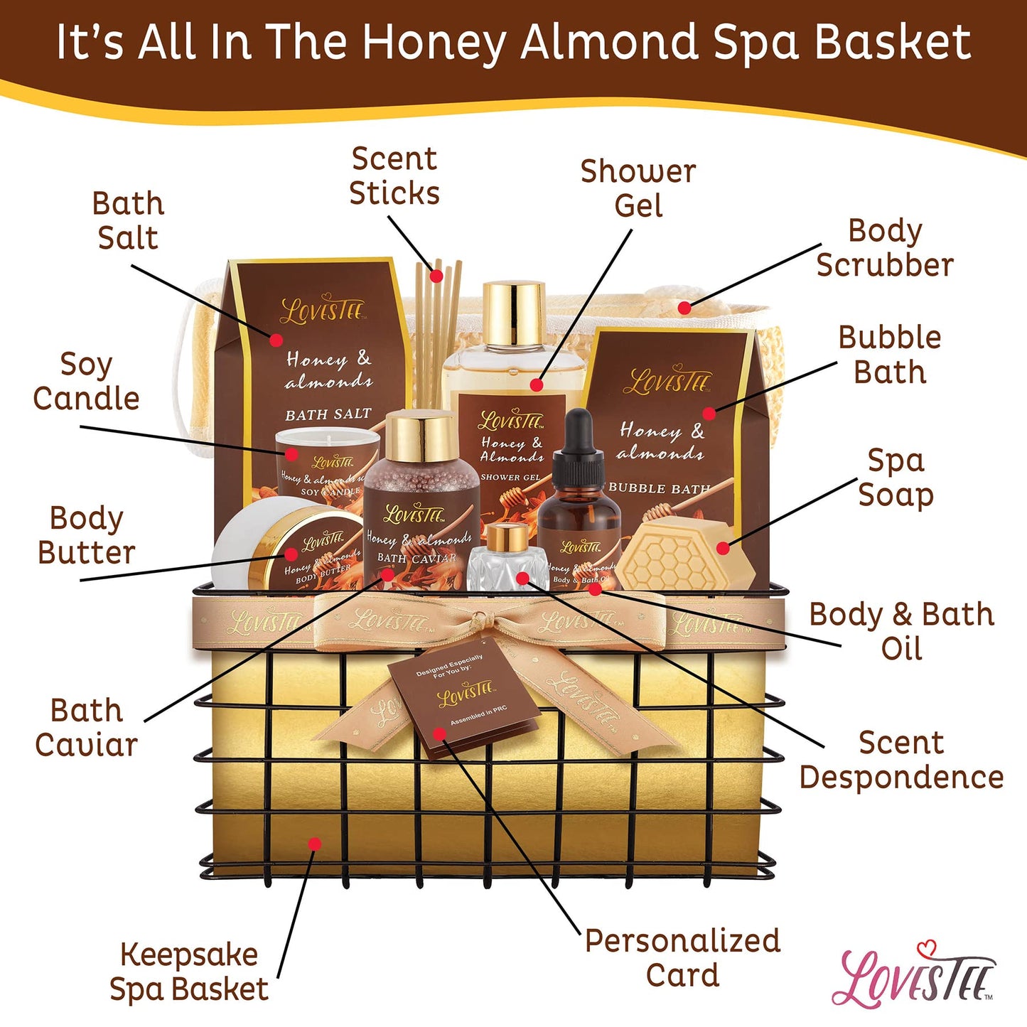 Christmas Spa Gift Baskets For Women, Honey Almond Bath and Body Set, Birthday Gift- Shower Gel, Bubble Bath, Body Butter, Bath Salt, Body Oil, Candle, Bath Caviar, Soap, Home Diffuser, Scrubber
