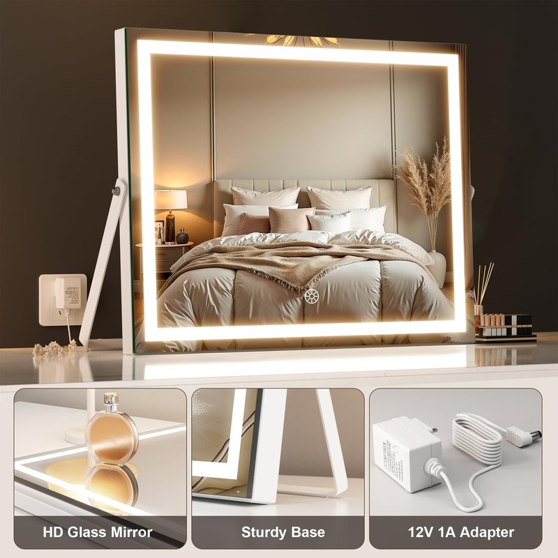 MINISO Vanity Mirror with Lights, 11.4" x 13.8" LED Makeup Mirror, Light & Brightness Adjustment, Smart Sensor, Aluminum Alloy Metal White Frame, with 5X Magnifying Glass