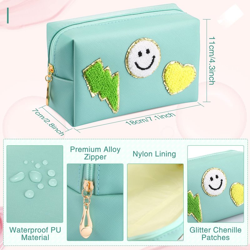 Chunful 9 Pcs Preppy Makeup Bag PU Leather Cosmetic Bag Bulk Makeup Plain Pouch Waterproof Toiletry Purse for Women Traveling Pencil Case Girl's Gift(Multicolor, Smile, Lightning, Heart)