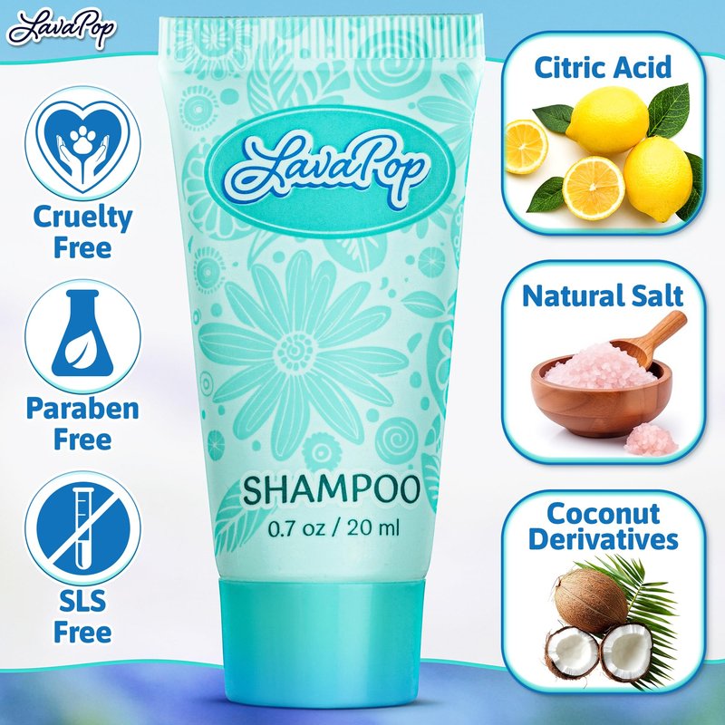 LavaPop - Travel Size Hotel Shampoo - Iris, Violet & Amber, 0.7 fl oz, 100 Pack - Delight Your Guests with Calming & Comforting Shampoo - Bulk Small Toiletries for Airbnb, Motels & Guest Rooms