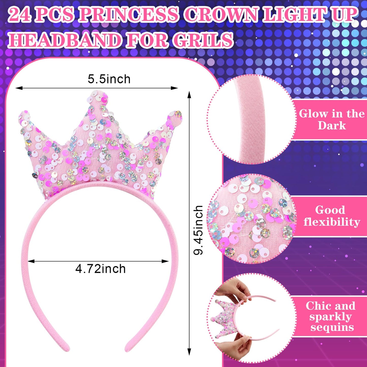 Juexica 24 Pcs LED Glitter Sequin Light Up Princess Crown Headband, Hair Accessories for Girl Women Bling Tiara Birthday Party Favor