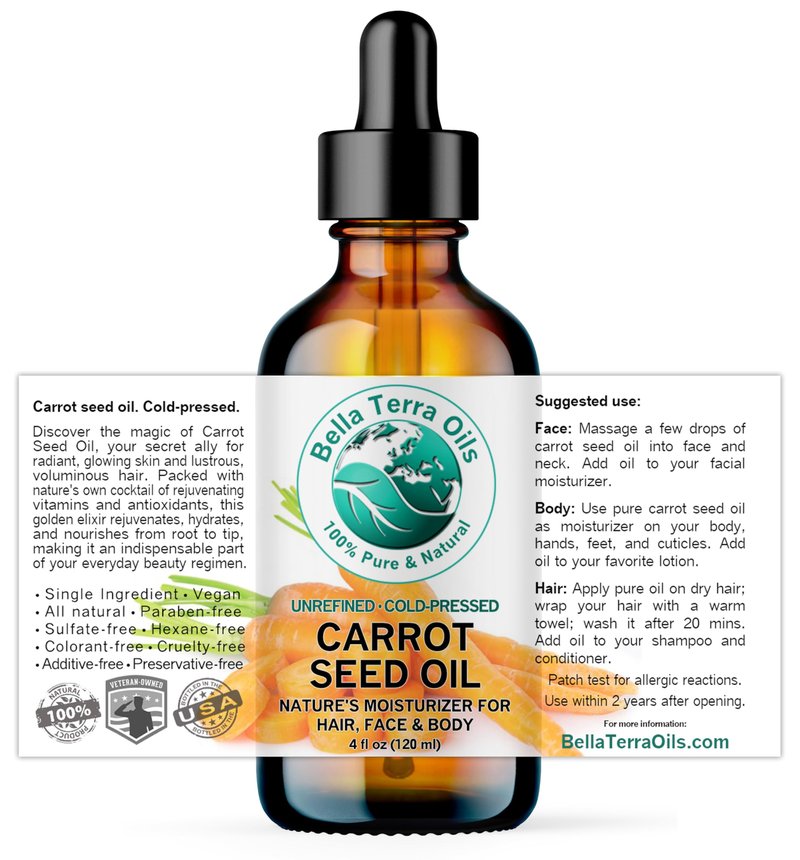 Bella Terra Oils - Organic Carrot Seed Oil 8 oz - Not Just for Tanning, Packed with Antioxidants, Cold-Pressed for Ultimate Skin Embrace & Natural Shine