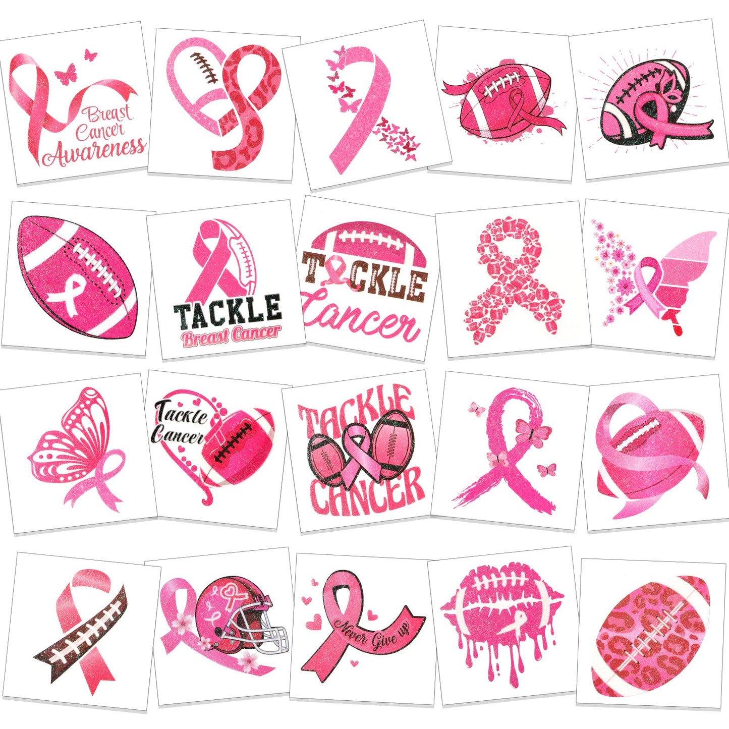 HOWAF 72pcs Breast Cancer Awareness Temporary Tattoos, Glitter Pink Out Football Tattoos, Football Pink Ribbon Themed Tattoos Stickers for Breast Cancer Month Charity Event Supplies Favors